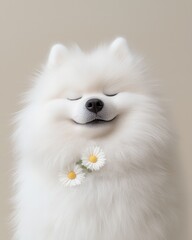 Fototapeta premium Fluffy samoyed dog smiling soft beige background children's book cozy environment close-up joyful concept