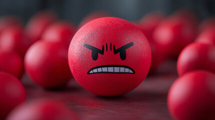 3D realistic angry red emoji face on a glossy red ball, surrounded by blurred red spheres in the background, creating a dramatic focus on frustration and aggression, smiley, emoticon