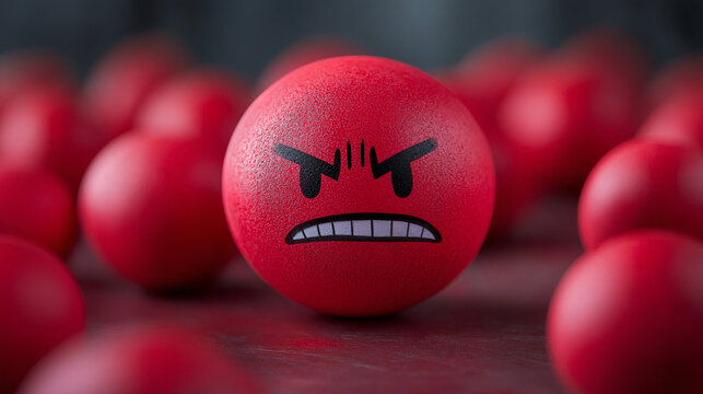 3D realistic angry red emoji face on a glossy red ball, surrounded by blurred red spheres in the background, creating a dramatic focus on frustration and aggression, smiley, emoticon - Powered by Adobe