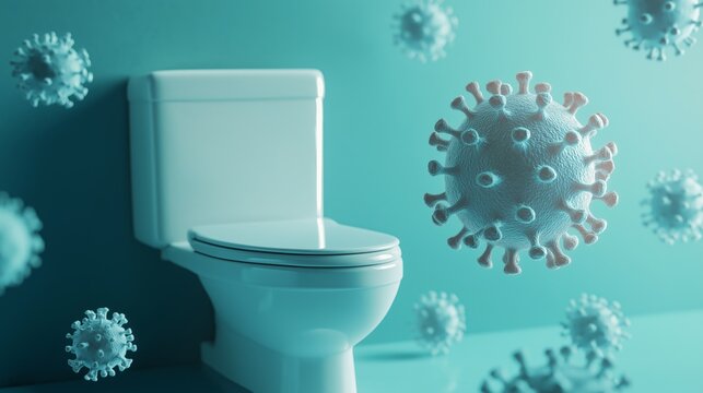 Germs and viruses floating around a toilet, highlighting the importance of cleanliness and sanitation in bathroom environments