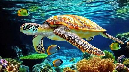 Close up of Great Sea turtle swimming in blue ocean, great barrier reef. Elegant sea turtles styled for a fashion photo spread