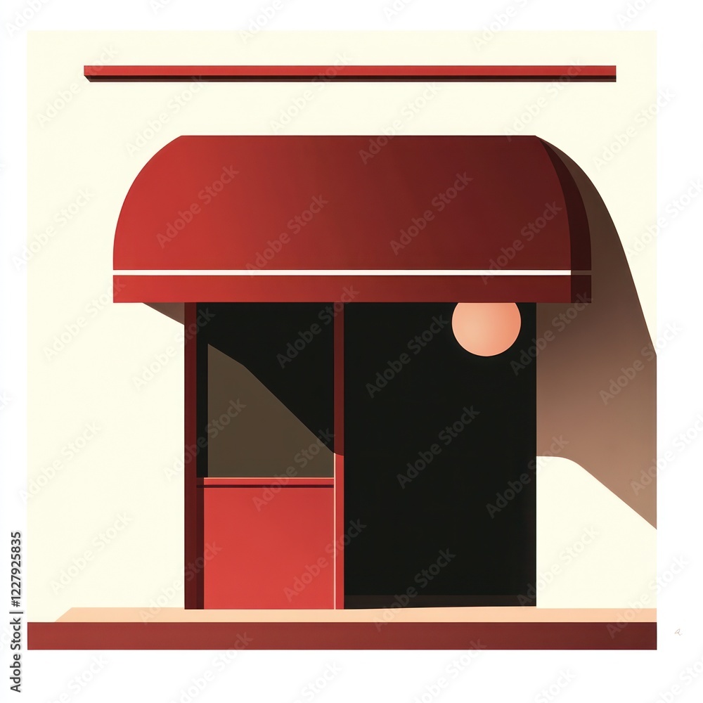 Poster building with red awning, storefront with dark window, bright lighting for architectural use