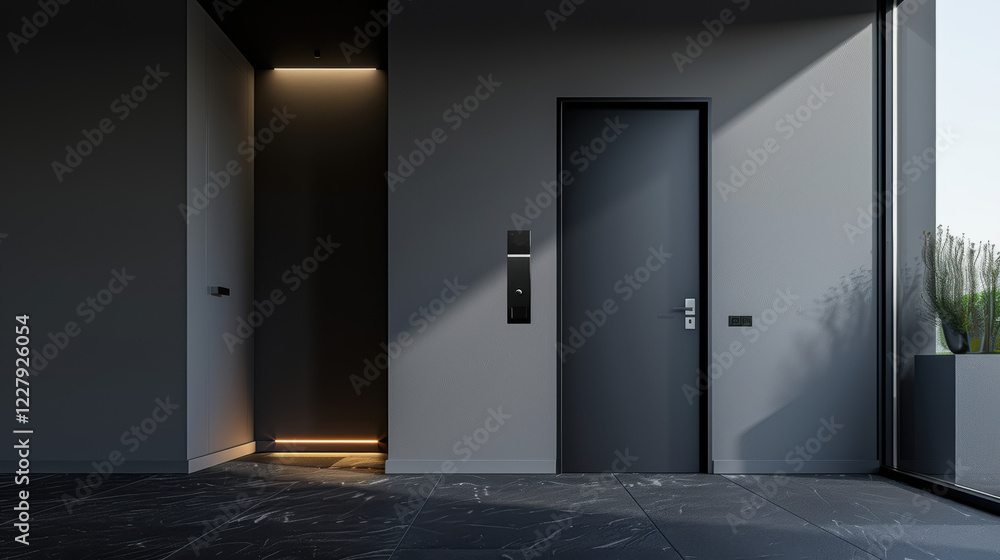 Poster a modern black and gray elevator lobby with a large window and minimalist design.