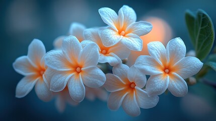 Plumeria blossoms, garden closeup, bokeh background, floral design