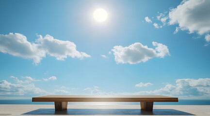Minimalist Wooden Table on an Outdoor Terrace Overlooking a Vast Ocean Under a Clear Blue Sky