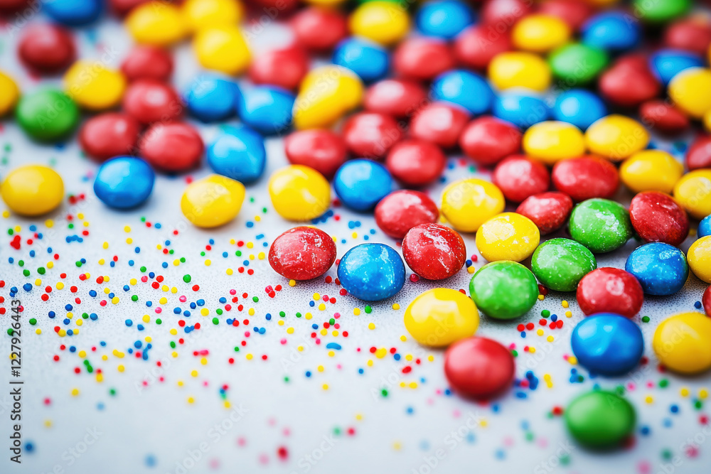 Poster colorful candy sprinkles create a vibrant display on a shiny white surface, adding a playful touch t