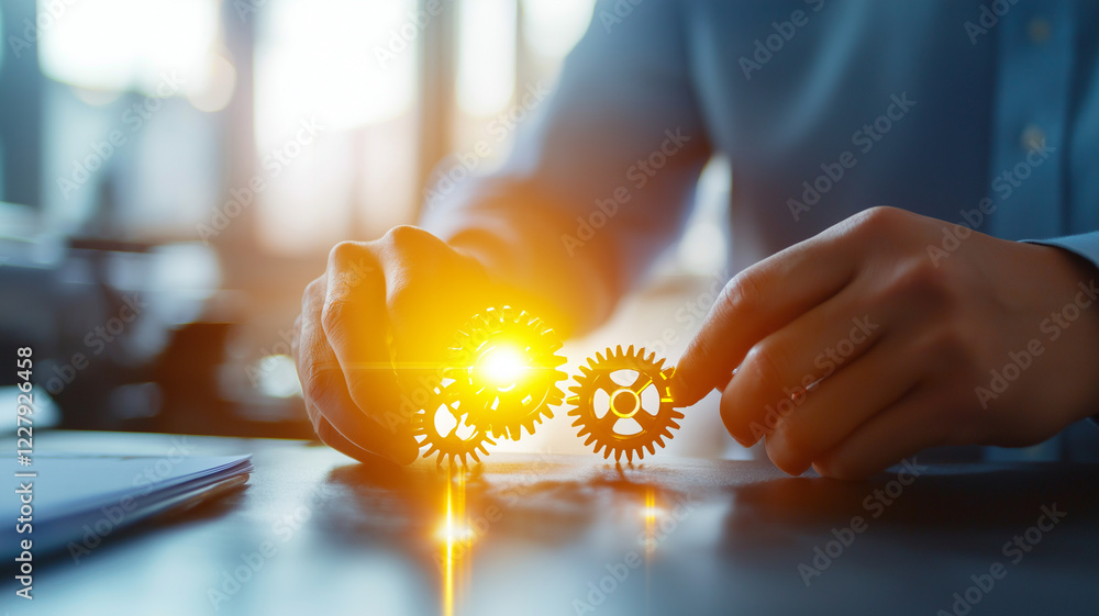 Poster hands working with gears on desk in office, symbolizing teamwork and innovation. warm glow highlight