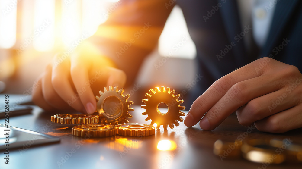 Poster working hands adjusting gears on desk, symbolizing teamwork and innovation. warm sunlight enhances s