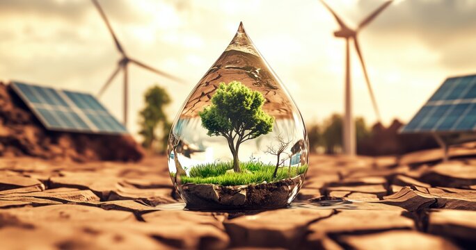 Un oasis dans une goutte d'eau entour&eacute;e de terre craquel&eacute;e et ass&eacute;ch&eacute;e, panneaux photovolta&iuml;ques et &eacute;oliennes en arri&egrave;re-plan, concept de transition &eacute;nerg&eacute;tique ou de r&eacute;chauffement climatique.