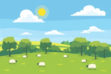Gordijnen Rural landscape of a beautiful field with cute sheep in the meadow, against the backdrop of forest, hills and blue sky with clouds. Beautiful sunny day on the farm. Sheep on the field. © Evgeniia