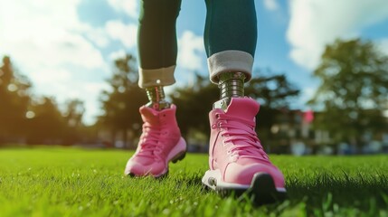 Closeup of child legs with advanced prosthetic limbs, wearing pink sports shoes, walking outdoor on lush green grass under clear blue sky