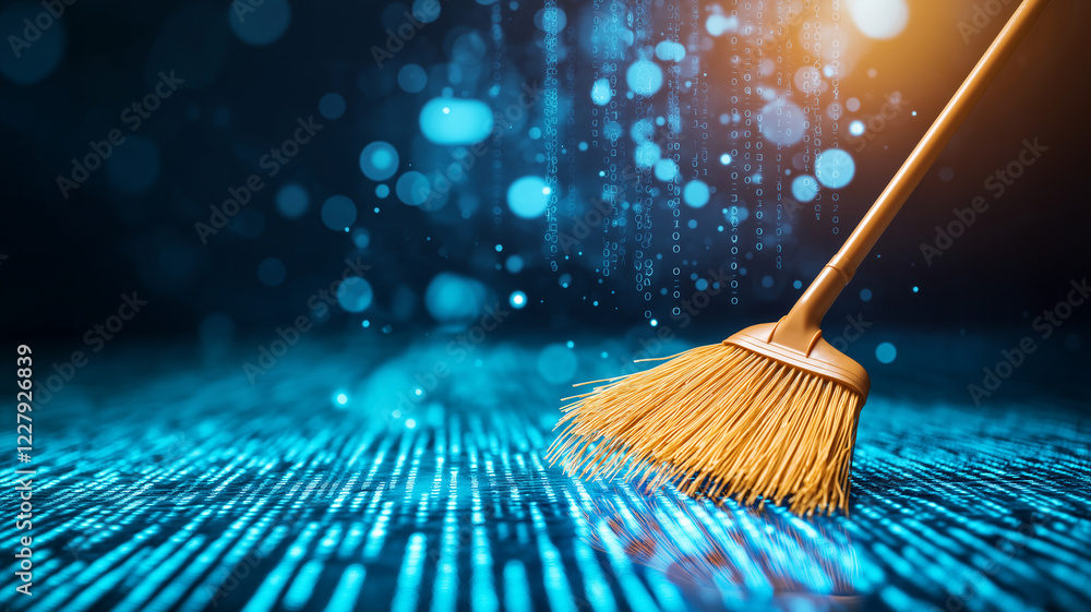 Aufkleber cinematic broom sweeping digital data, creating clean environment. background features binary code, 