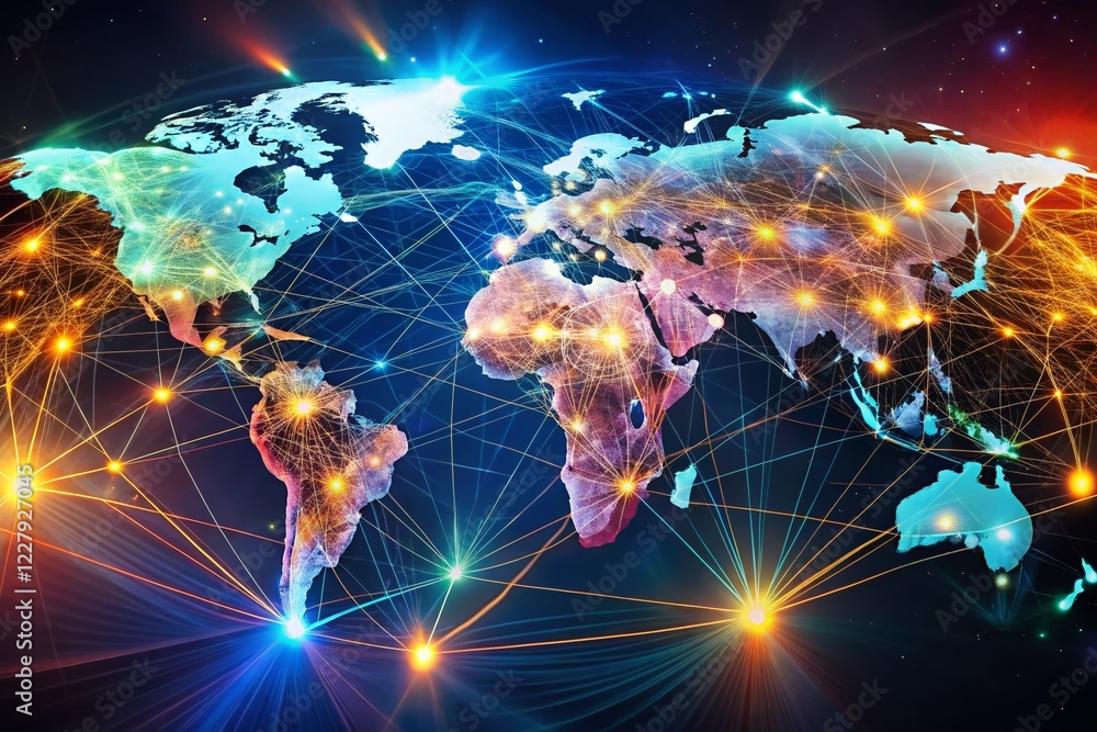 Poster global interconnectedness: abstract world map with glowing lines and nodes