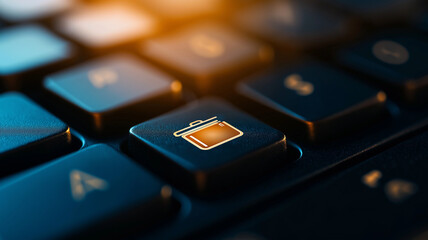 Close up of computer keyboard button featuring garbage bin icon, symbolizing deletion or removal. image captures sleek design and functionality of modern keyboards