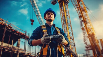 A crane operator in a blue hard hat and safety harness, holding a joystick controller and looking confidently at the camera