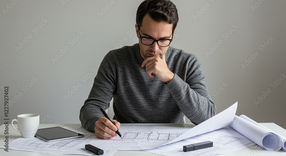 Aufkleber man drawing plans on the table. architect working on design with blueprints