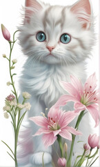 Adorable fluffy kitten with bright green eyes surrounded by delicate pink lilies and greenery, creating a soft, peaceful, and charming floral scene.