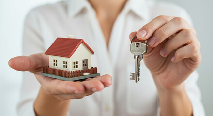 House model and keys in hand. Real estate house keys concept
