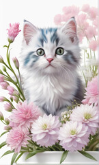 Adorable fluffy kitten with bright green eyes surrounded by delicate pink lilies and greenery, creating a soft, peaceful, and charming floral scene.
