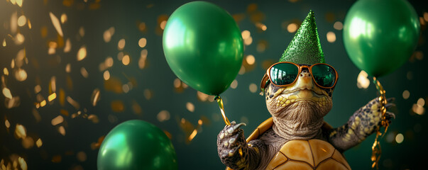 Cute funny turtle wearing sunglasses and hat, holding happy birthday balloons against golden confetti flying around. Dark green background banner greeting card invitation.