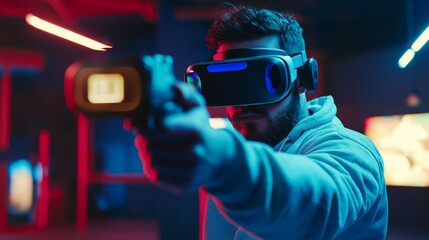 Immersive virtual reality gaming experience with player wearing VR headset and holding motion controller in dark room illuminated by dramatic red and blue neon lighting effects.