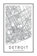 Printable downtown road map poster of the USA city of DETROIT on solid white background with city name