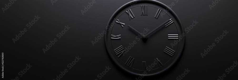 Fototapete black wall clock displaying roman numerals in a minimalist style and dark surroundings while showing