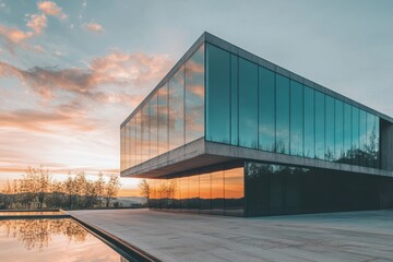 Fototapeta premium Modern building on the edge of town . A contemporary house perched on a hillside, surrounded by lush tall grass under a clear blue sky.