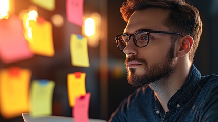 A man wearing glasses is looking at a wall covered in yellow and red notes