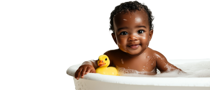 white background panoramic banner with cute african american baby boy bathing in a bathtub with a yellow duck toy isolated over transparent background; concept of health care, toddler hygiene element 