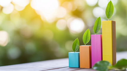 Colorful wooden blocks arranged in growing bar graph with green leaves, symbolizing growth and progress in vibrant, natural setting