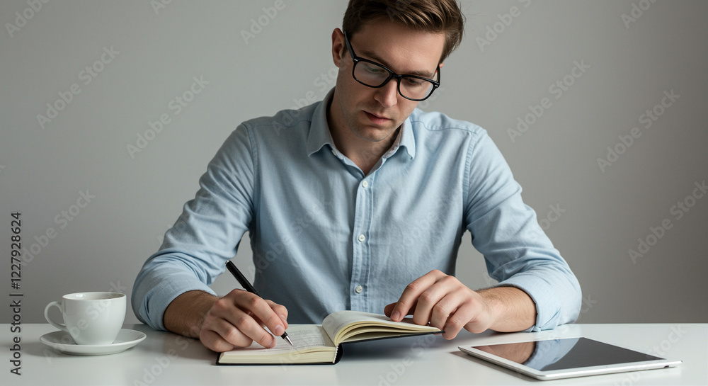 Poster man writing in notebook at desk. business man writing in notebook with pen. man is focused on his wo