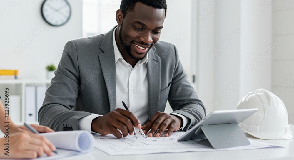 Poster man writing on blueprint with compass. business man working on architectural planning with tablet an