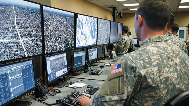 In a high-tech command post, military personnel work on obtaining intelligence, incorporating real-time surveillance, and upholding security procedures.