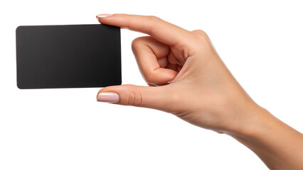 Female hand holding black card blank isolated on white background, transparent PNG cutout, business payment credit debit gift card mockup for social media post, web banner, 4K high-quality download