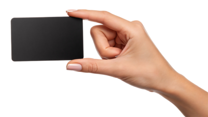 Female hand holding black card blank isolated on white background, transparent PNG cutout, business payment credit debit gift card mockup for social media post, web banner, 4K high-quality download