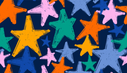 Abstract seamless pattern stars chaotic with urban grunge geometric elements, scuffed, drops, stars and sprays. Grunge star vector texture background. Fashion sport style, wallpaper for teen girls. © Anatoliy