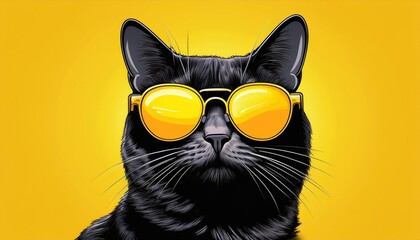 retro pop art style black cat in yellow sunglasses isolated on a yellow background