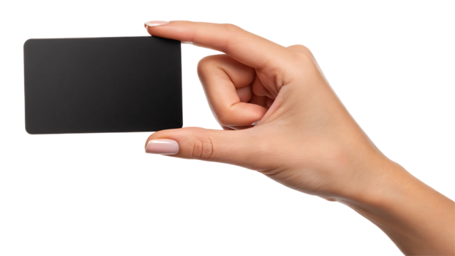 Female hand holding black card blank isolated on white background, transparent PNG cutout, business payment credit debit gift card mockup for social media post, web banner, 4K high-quality download
