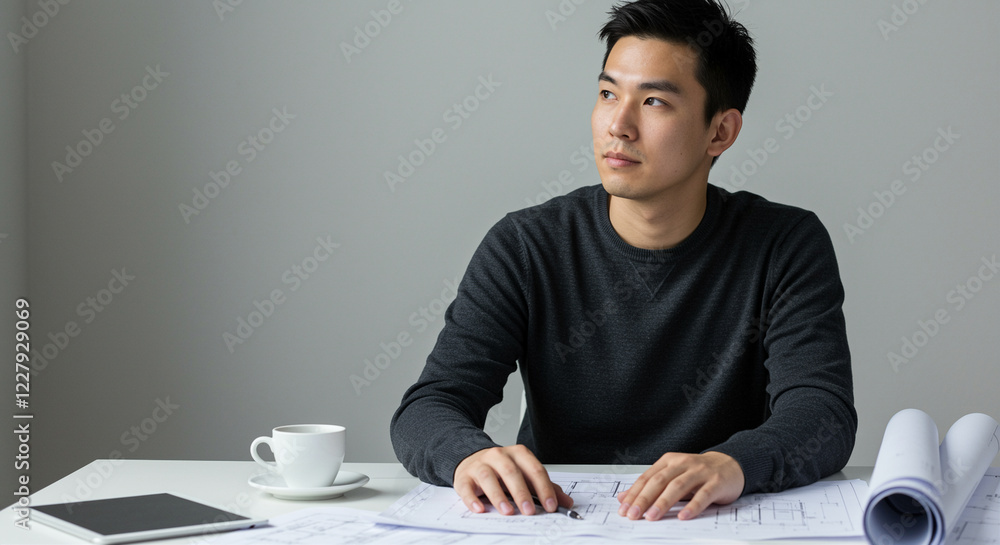 Aufkleber man working on blueprints at desk. man planning business with blueprints and tablet