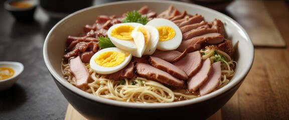 Bowl of steaming hot shoyu ramen noodle with sliced pork and boiled egg, noodles, bowl