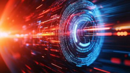 Obraz premium Futuristic digital shield with glowing lines and data streams, representing advanced technology and energy. vibrant colors create dynamic and energetic atmosphere