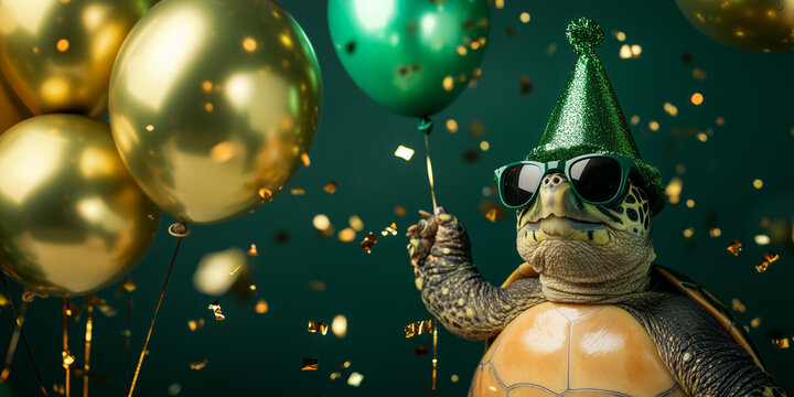 Cute funny turtle wearing sunglasses and hat, holding happy birthday balloons against golden confetti flying around. Dark green background banner greeting card invitation.