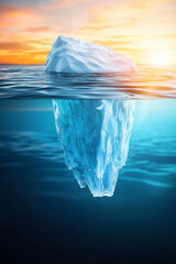 Fototapeta premium stunning iceberg floats serenely on water surface, with captivating view of its submerged portion. warm sunset casts beautiful glow, enhancing tranquil atmosphere