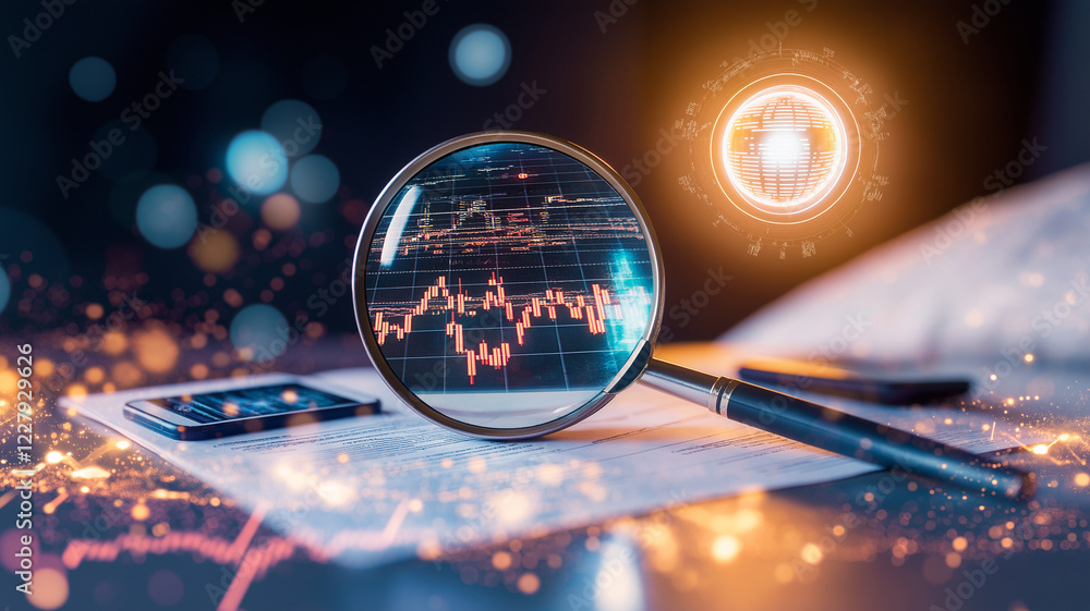 Poster magnifying glass focuses on financial data, revealing intricate graphs and charts. scene conveys sen