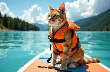 Obraz premium A cat wearing a bright life jacket confidently sits on a paddleboard in a calm lake surrounded by nature