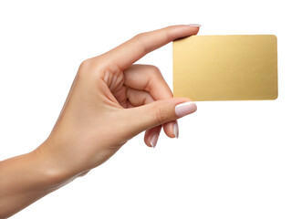 Female hand holding gold card blank isolated on white background, transparent PNG cutout, business payment credit debit gift card mockup for social media post, web banner, 4K high-quality download