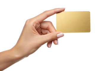 Female hand holding gold card blank isolated on white background, transparent PNG cutout, business payment credit debit gift card mockup for social media post, web banner, 4K high-quality download