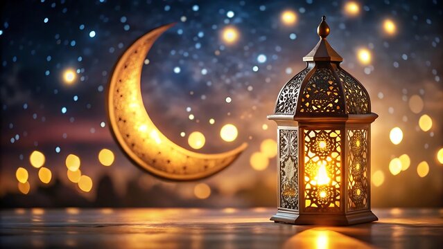 Ramadan Lantern with Crescent Moon and Stars Glowing