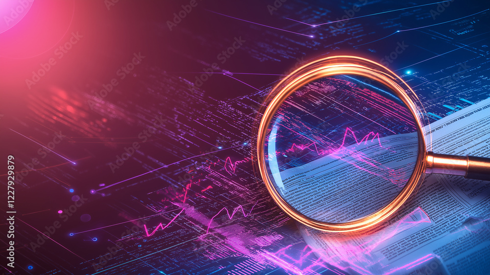Aufkleber magnifying glass focuses on digital documents with data visualizations, symbolizing analysis and res